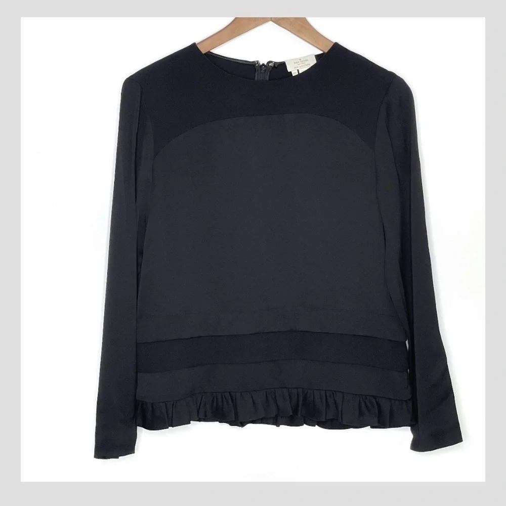 Kate Spade Blouse Long Sleeve Crepe Fabric Top Ruffle Hem Zip Back Black Sz XXS